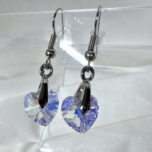 Heart Dangle Earrings Swarovski Crystal Aurora Borealis AB Jewelry - Picture 1 of 7